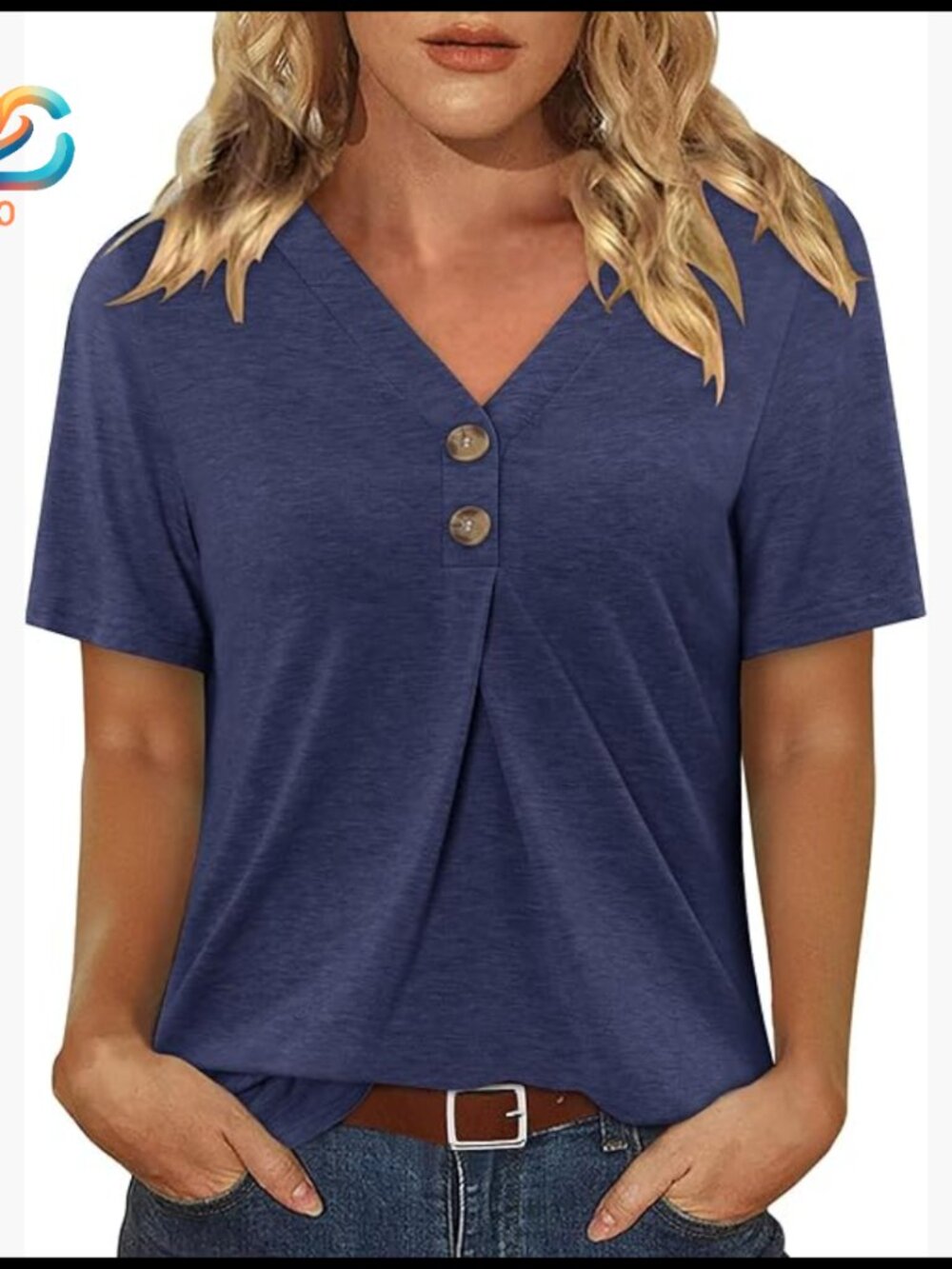 Short Sleeve V-Neck Tunic Blouse With Pleated Buttons Loose Fit